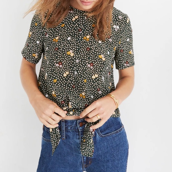 Madewell Silk Button Back Front tie Shirt Size Small Olive Green Ditsy Floral - Picture 2 of 11